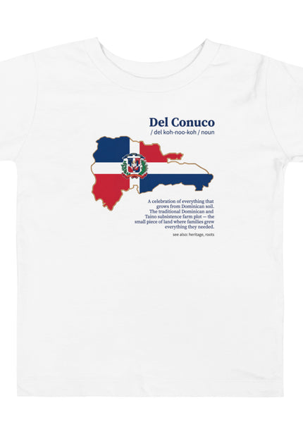 White Del Conuco tee with Dominican flag map and blue definition lettering
