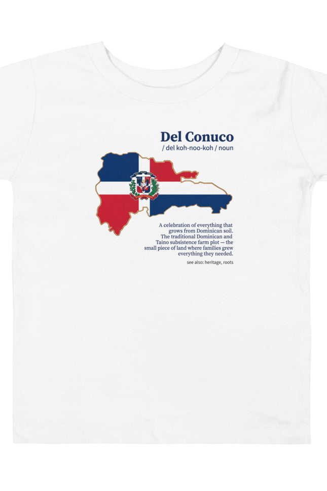 White Del Conuco tee with Dominican flag map and blue definition lettering