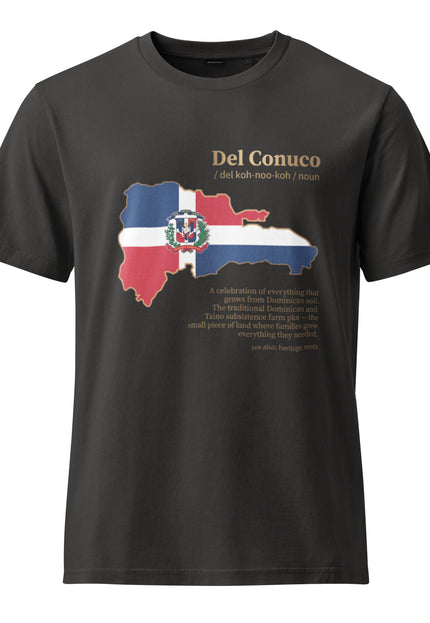 Black garment dyed Del Conuco vintage tee with Dominican flag map and gold definition lettering