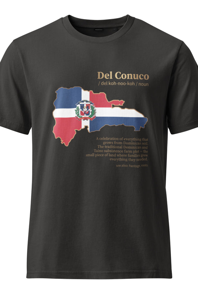 Black garment dyed Del Conuco vintage tee with Dominican flag map and gold definition lettering