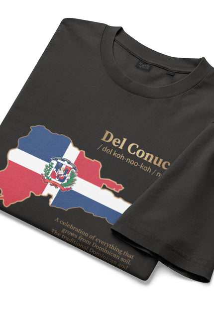 Black garment dyed Del Conuco vintage tee with Dominican flag map and gold definition lettering
