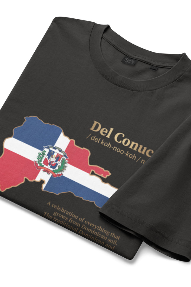 Black garment dyed Del Conuco vintage tee with Dominican flag map and gold definition lettering