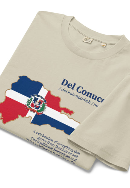 Sand garment dyed Del Conuco vintage tee with Dominican flag map and blue definition lettering