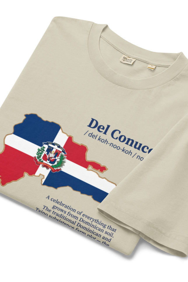 Sand garment dyed Del Conuco vintage tee with Dominican flag map and blue definition lettering