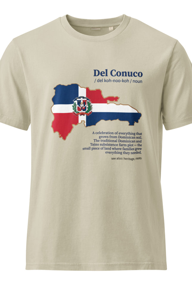 Sand garment dyed Del Conuco vintage tee with Dominican flag map and blue definition lettering