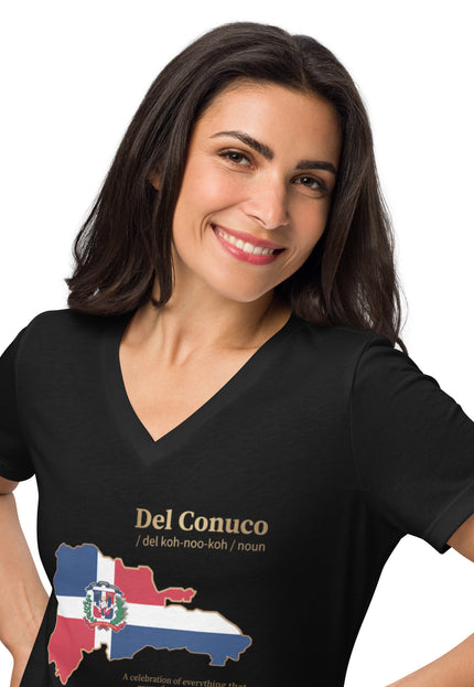 Woman’s black relaxed v-neck with Del Conuco Dominican flag map and gold definition lettering