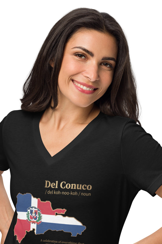 Woman’s black relaxed v-neck with Del Conuco Dominican flag map and gold definition lettering