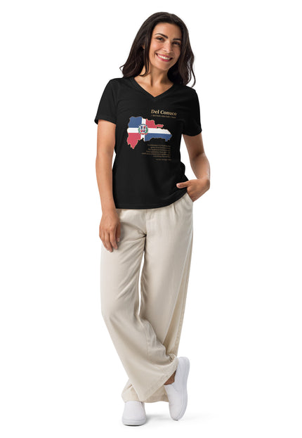 Woman’s black relaxed v-neck with Del Conuco Dominican flag map and gold definition lettering