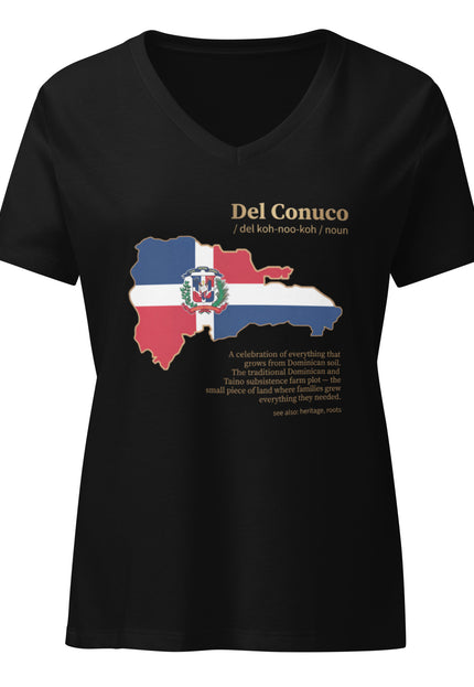 Woman’s black relaxed v-neck with Del Conuco Dominican flag map and gold definition lettering