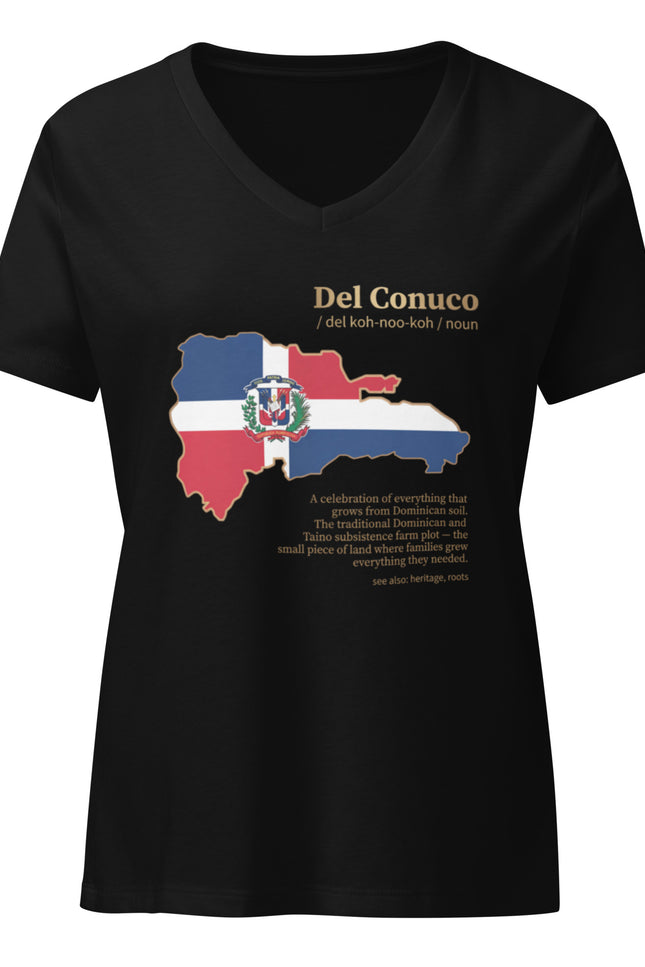 Woman’s black relaxed v-neck with Del Conuco Dominican flag map and gold definition lettering