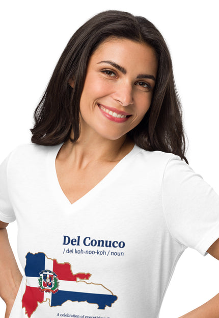 Woman’s white relaxed v-neck with Del Conuco Dominican flag map and blue definition lettering