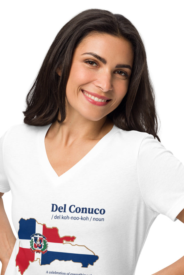 Woman’s white relaxed v-neck with Del Conuco Dominican flag map and blue definition lettering