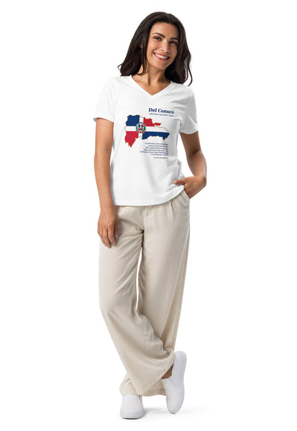 Woman’s white relaxed v-neck with Del Conuco Dominican flag map and blue definition lettering