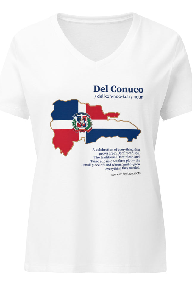 Woman’s white relaxed v-neck with Del Conuco Dominican flag map and blue definition lettering