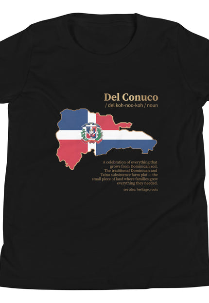Black Del Conuco tee with Dominican flag map and gold definition lettering