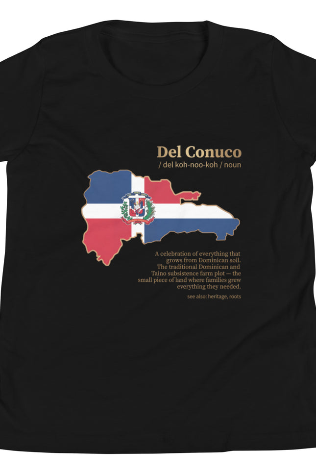 Black Del Conuco tee with Dominican flag map and gold definition lettering