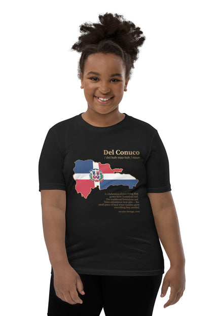 Youth wearing black Del Conuco tee with Dominican flag map and gold definition lettering