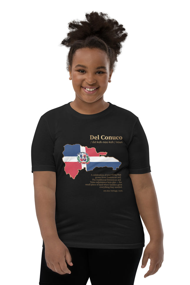 Youth wearing black Del Conuco tee with Dominican flag map and gold definition lettering