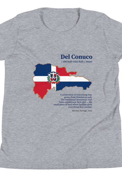 Heather gray Del Conuco tee with Dominican flag map and blue definition lettering