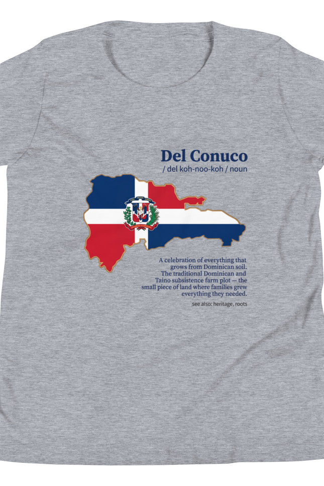 Heather gray Del Conuco tee with Dominican flag map and blue definition lettering