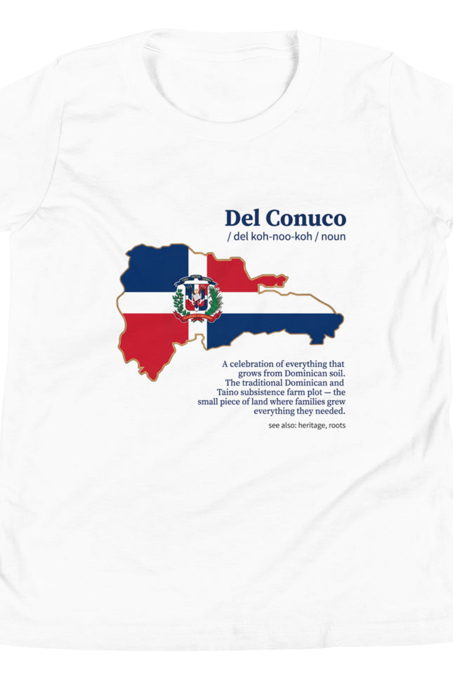 White Del Conuco tee with Dominican flag map and blue definition lettering