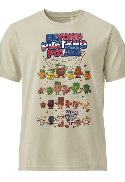 Vintage garment-dyed natural tee with all 24 Del Conuco characters from Las Tropicales Las del Campo La Pandilla del Cacao and La Pandilla del Cafe with Beyond Platano Power text in red gold and blue
