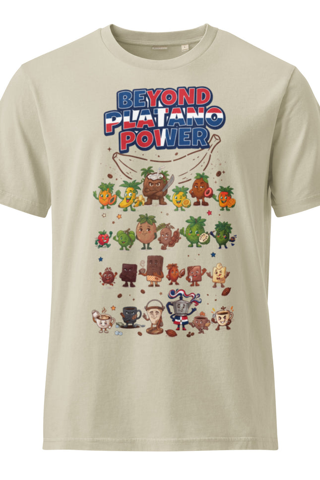 Vintage garment-dyed natural tee with all 24 Del Conuco characters from Las Tropicales Las del Campo La Pandilla del Cacao and La Pandilla del Cafe with Beyond Platano Power text in red gold and blue