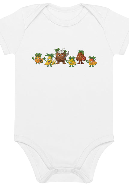 Las Tropicales squad design featuring Chinola, Mango, Lechosa, Guineo, Zapote, and Coco on a Del Conuco baby bodysuit