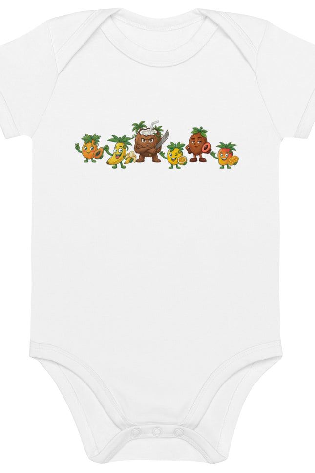 Las Tropicales squad design featuring Chinola, Mango, Lechosa, Guineo, Zapote, and Coco on a Del Conuco baby bodysuit