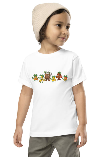 Las Tropicales squad design featuring Chinola, Mango, Lechosa, Guineo, Zapote, and Coco on a Del Conuco toddler short sleeve tee