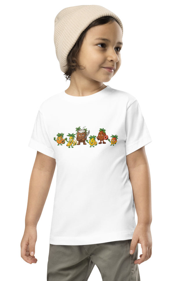 Las Tropicales squad design featuring Chinola, Mango, Lechosa, Guineo, Zapote, and Coco on a Del Conuco toddler short sleeve tee