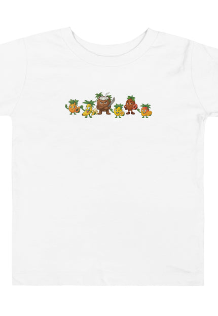 Las Tropicales squad design featuring Chinola, Mango, Lechosa, Guineo, Zapote, and Coco on a Del Conuco toddler short sleeve tee