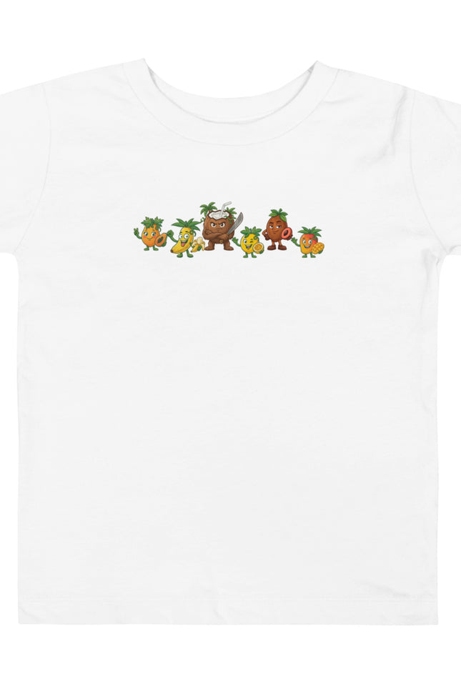 Las Tropicales squad design featuring Chinola, Mango, Lechosa, Guineo, Zapote, and Coco on a Del Conuco toddler short sleeve tee