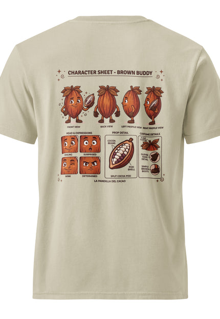 Brown Buddy cacao pod character illustration on garment-dyed vintage t-shirt from Del Conuco