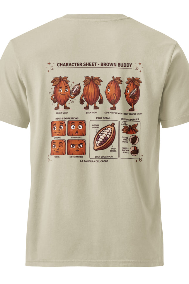Brown Buddy cacao pod character illustration on garment-dyed vintage t-shirt from Del Conuco