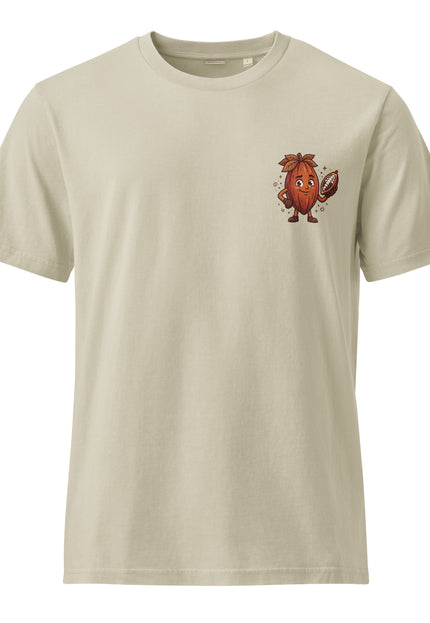 Brown Buddy cacao pod character illustration on garment-dyed vintage t-shirt from Del Conuco
