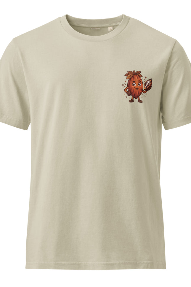 Brown Buddy cacao pod character illustration on garment-dyed vintage t-shirt from Del Conuco