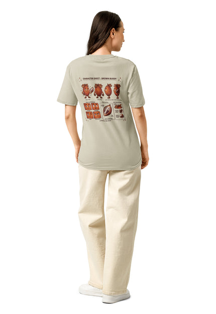 Brown Buddy cacao pod character illustration on garment-dyed vintage t-shirt from Del Conuco