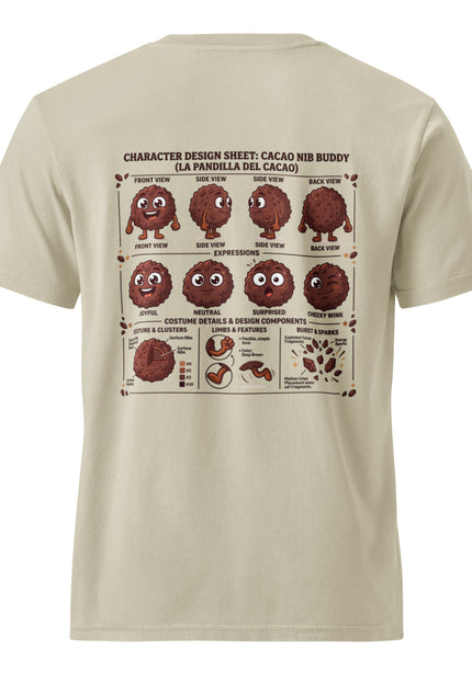 Cacao Nibs character illustration on garment-dyed vintage t-shirt from Del Conuco