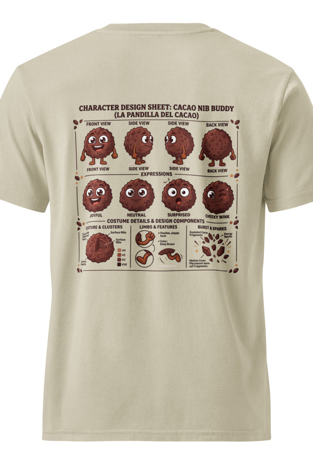 Cacao Nibs character illustration on garment-dyed vintage t-shirt from Del Conuco