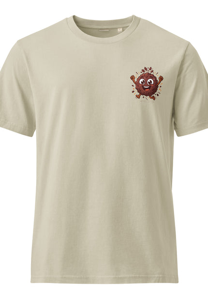 Cacao Nibs character illustration on garment-dyed vintage t-shirt from Del Conuco