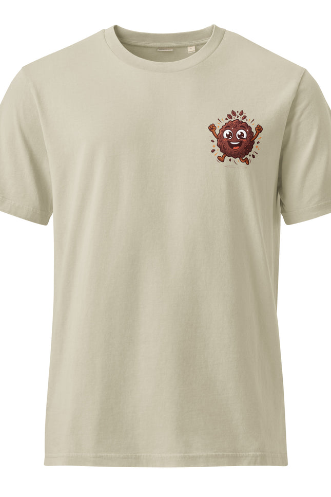 Cacao Nibs character illustration on garment-dyed vintage t-shirt from Del Conuco