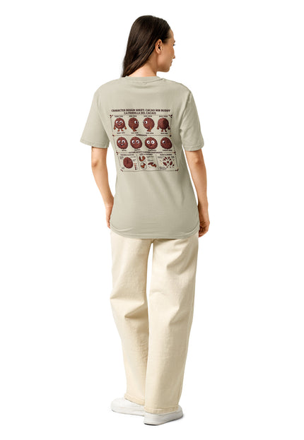 Cacao Nibs character illustration on garment-dyed vintage t-shirt from Del Conuco