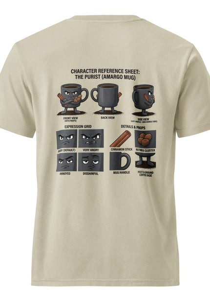 Cafe Amargo black coffee character illustration on garment-dyed vintage t-shirt from Del Conuco