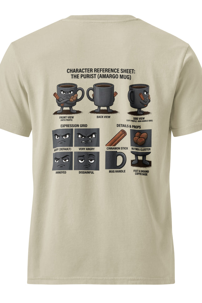 Cafe Amargo black coffee character illustration on garment-dyed vintage t-shirt from Del Conuco