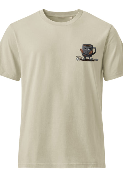 Cafe Amargo black coffee character illustration on garment-dyed vintage t-shirt from Del Conuco