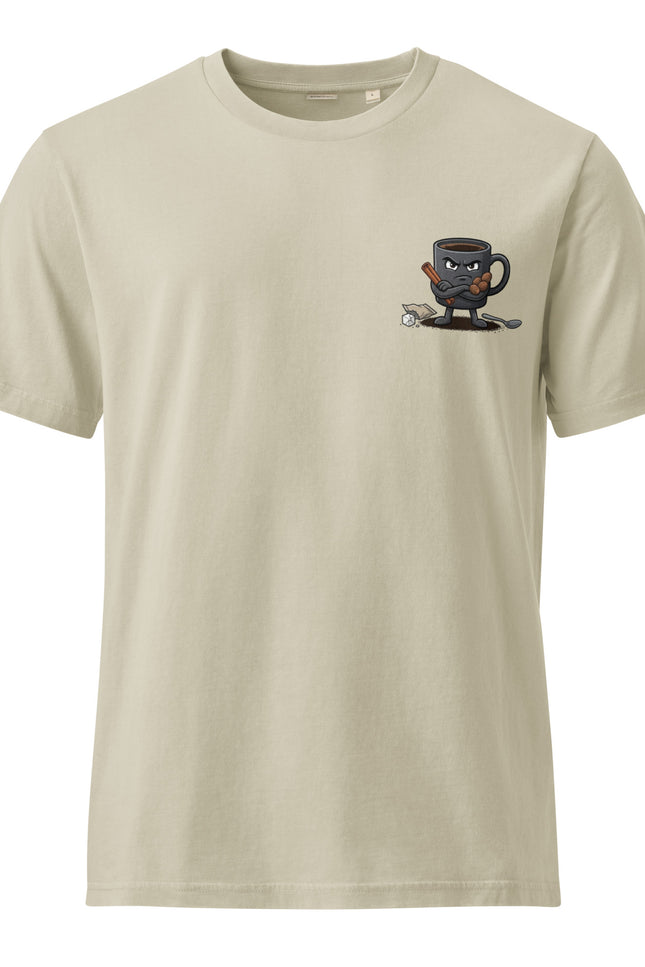 Cafe Amargo black coffee character illustration on garment-dyed vintage t-shirt from Del Conuco