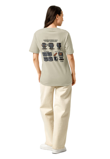 Cafe Amargo black coffee character illustration on garment-dyed vintage t-shirt from Del Conuco