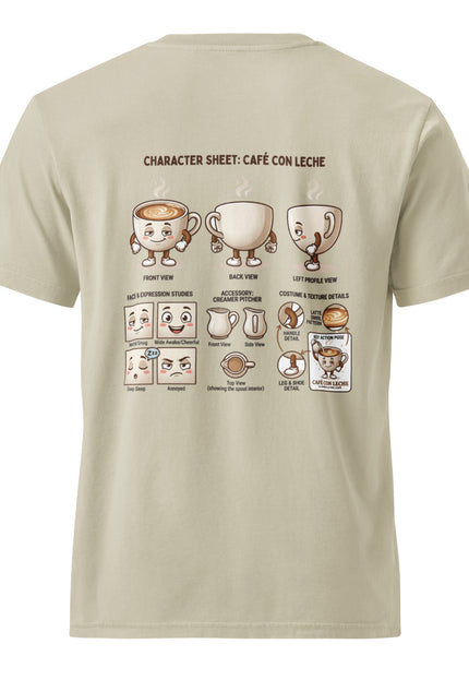 Cafe con Leche coffee with milk character illustration on garment-dyed vintage t-shirt from Del Conuco
