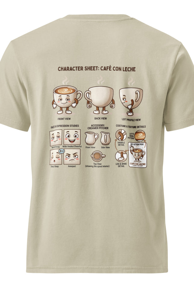 Cafe con Leche coffee with milk character illustration on garment-dyed vintage t-shirt from Del Conuco